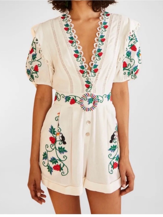 FARM Rio Pants - FARM Rio Cream Embroidered Strawberry Romper with Green & Red Accents